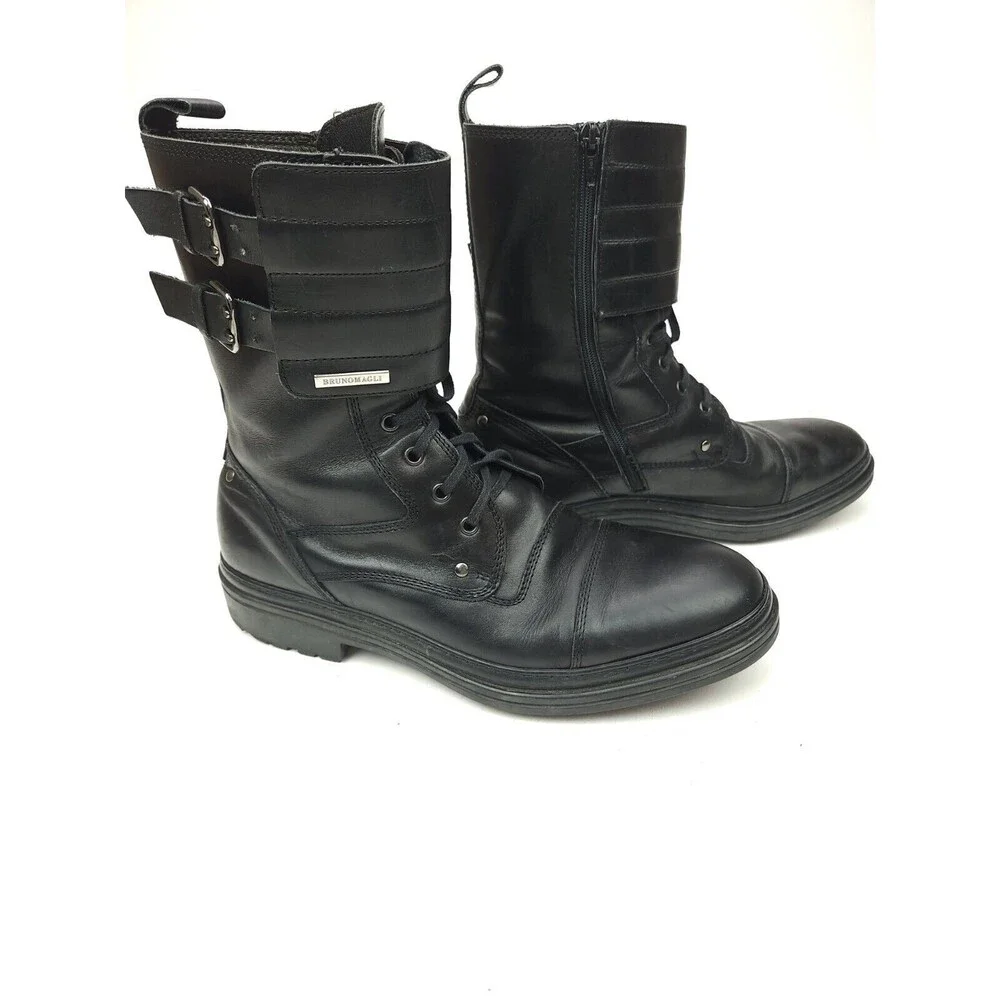 Bruno Magli Combat Motorcycle Black Boots Size 10 Black Leather High Buckle Tie